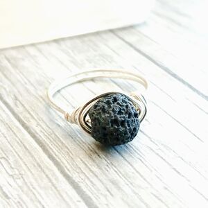 Lava Rock Beaded Ring, Stackable Stone Wire Ring, Size 8